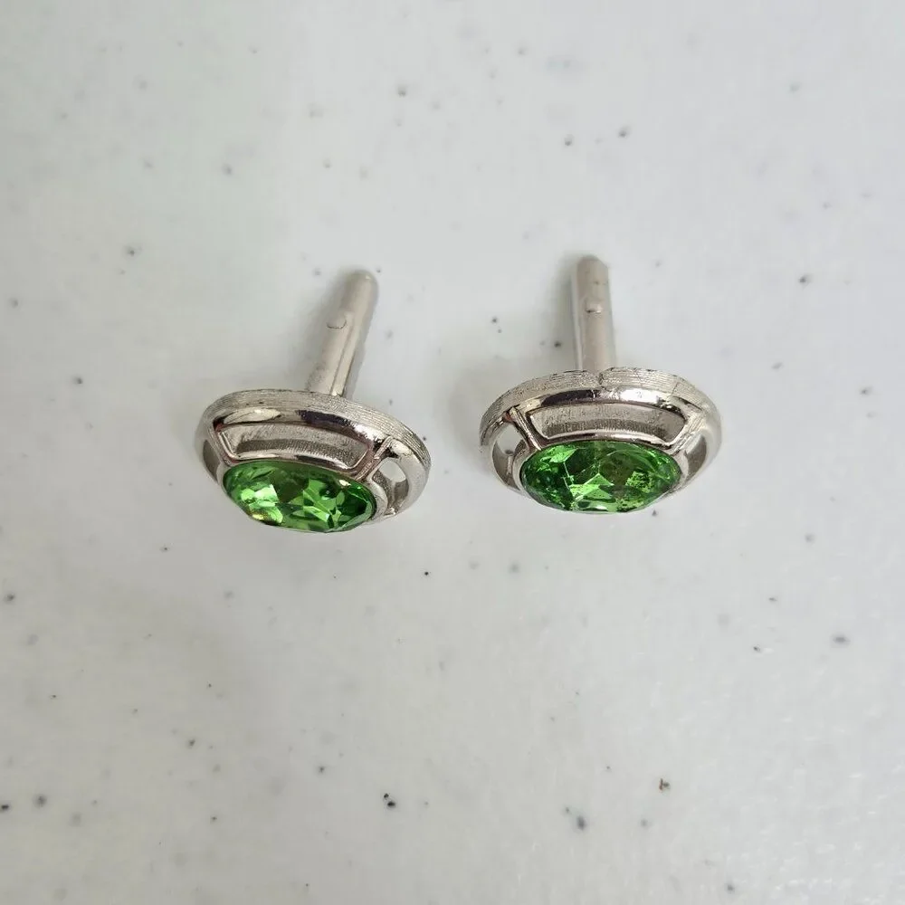 Swank Green Rhinestone Cufflinks Silver Tone Mens Oval Crystal Vintage